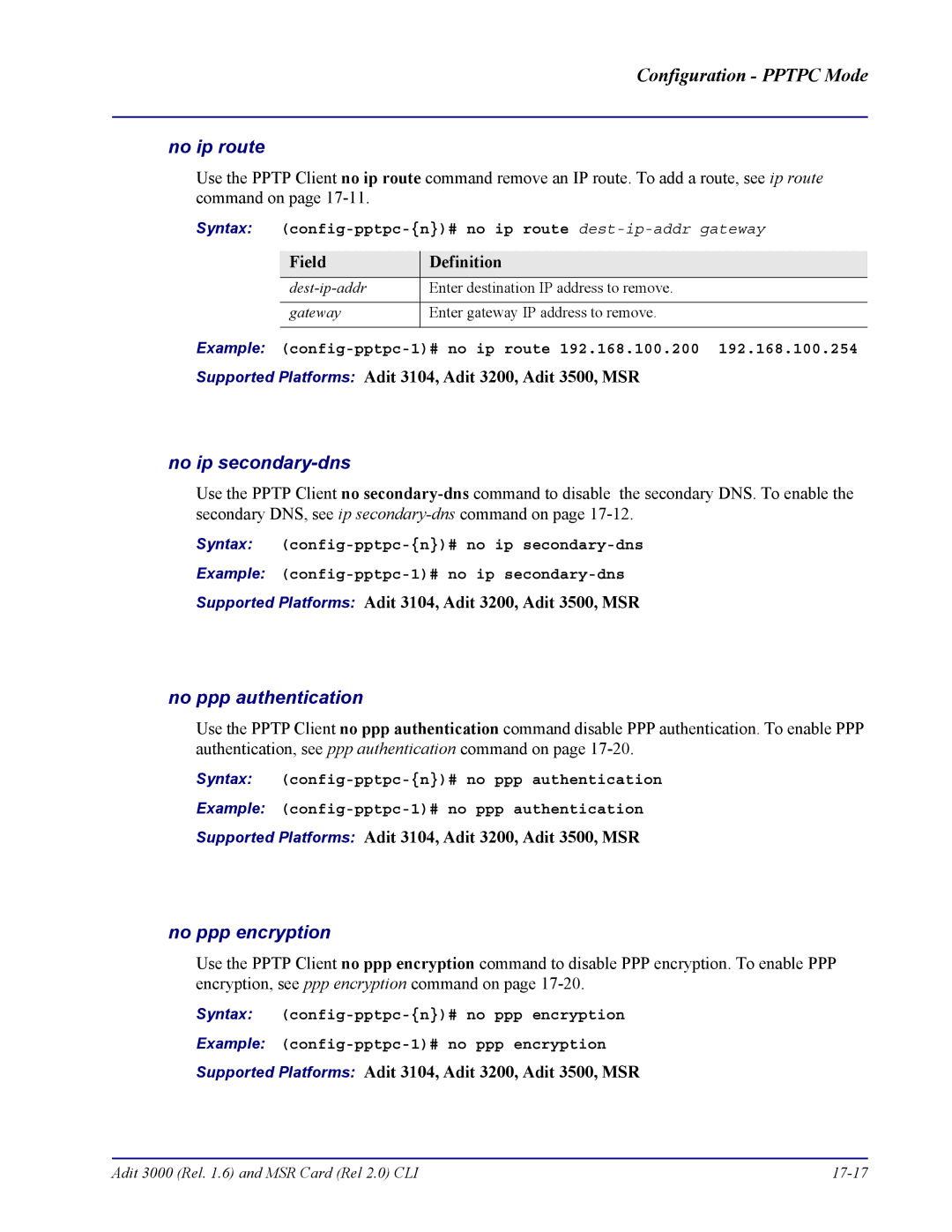 Carrier Access none manual Syntax config-pptpc-n# no ip route dest-ip-addr gateway 