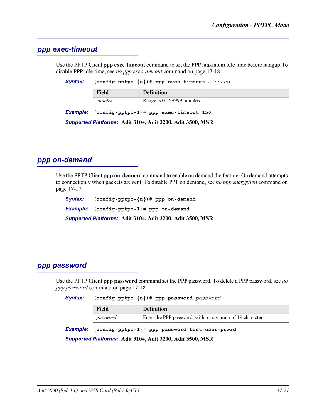 Carrier Access none manual Syntax config-pptpc-n# ppp exec-timeout minutes, Example config-pptpc-1# ppp exec-timeout 