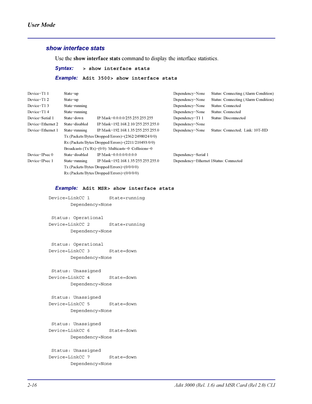 Carrier Access none manual Show interface stats, Example Adit MSR show interface stats 