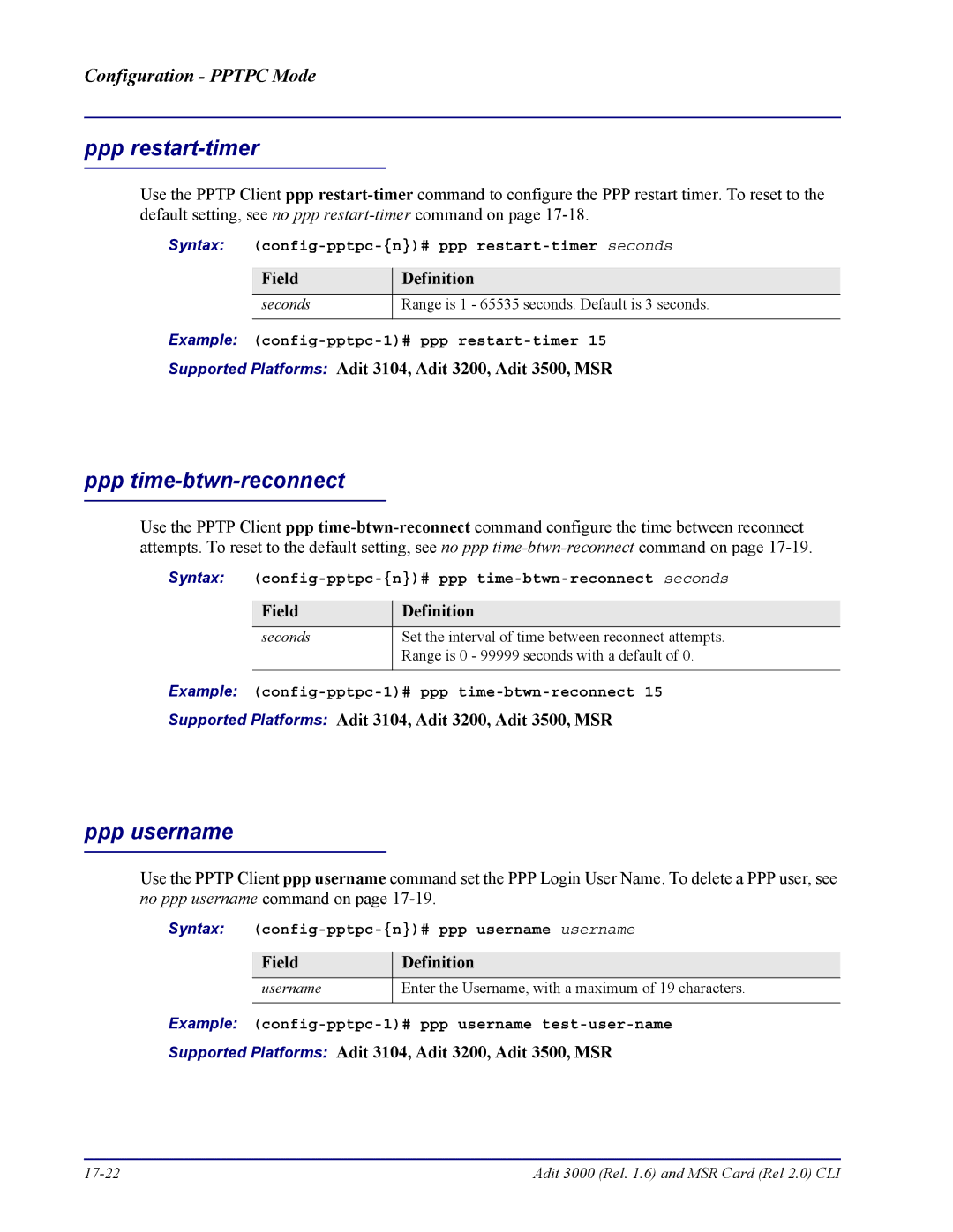 Carrier Access none manual Syntax config-pptpc-n# ppp restart-timer seconds, Example config-pptpc-1# ppp restart-timer 