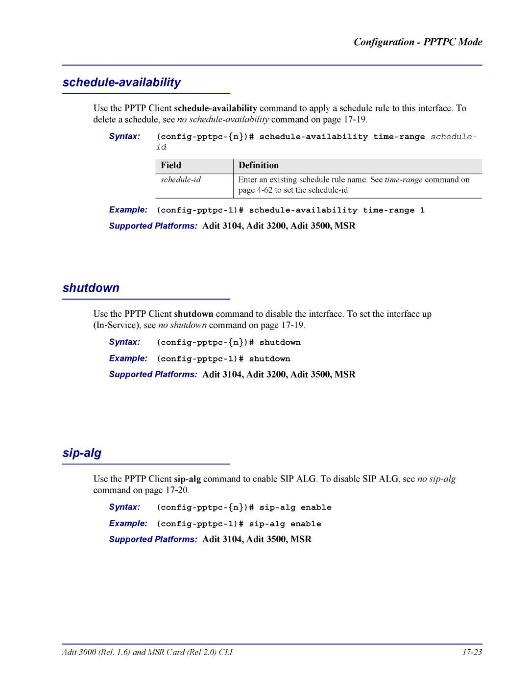 Carrier Access none manual Schedule-availability, Example config-pptpc-1# schedule-availability time-range 