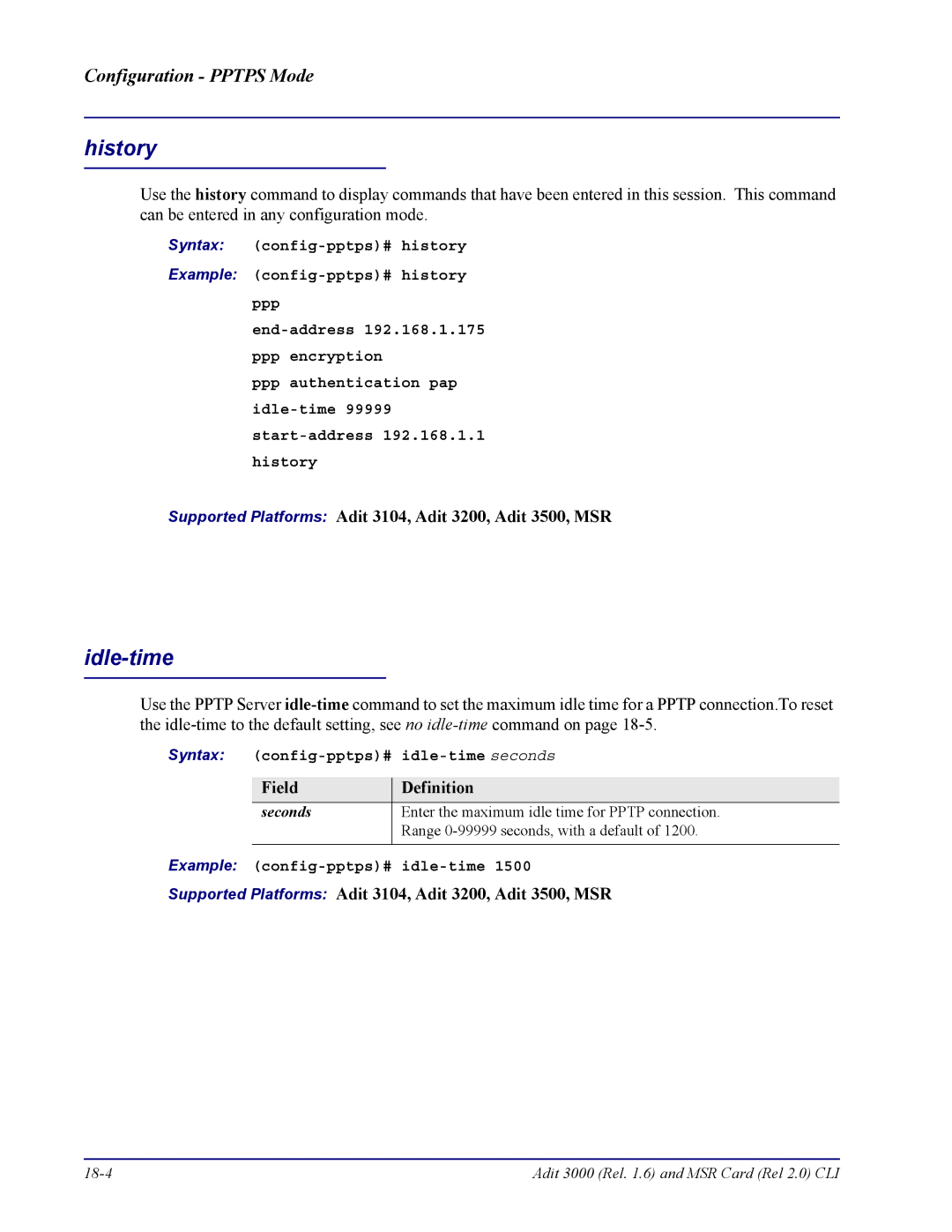 Carrier Access none manual Idle-time, Syntax config-pptps# idle-time seconds, Seconds, Example config-pptps# idle-time 