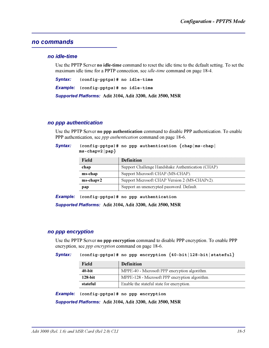 Carrier Access none manual No idle-time, Example config-pptps# no ppp authentication, 40-bit, Stateful 