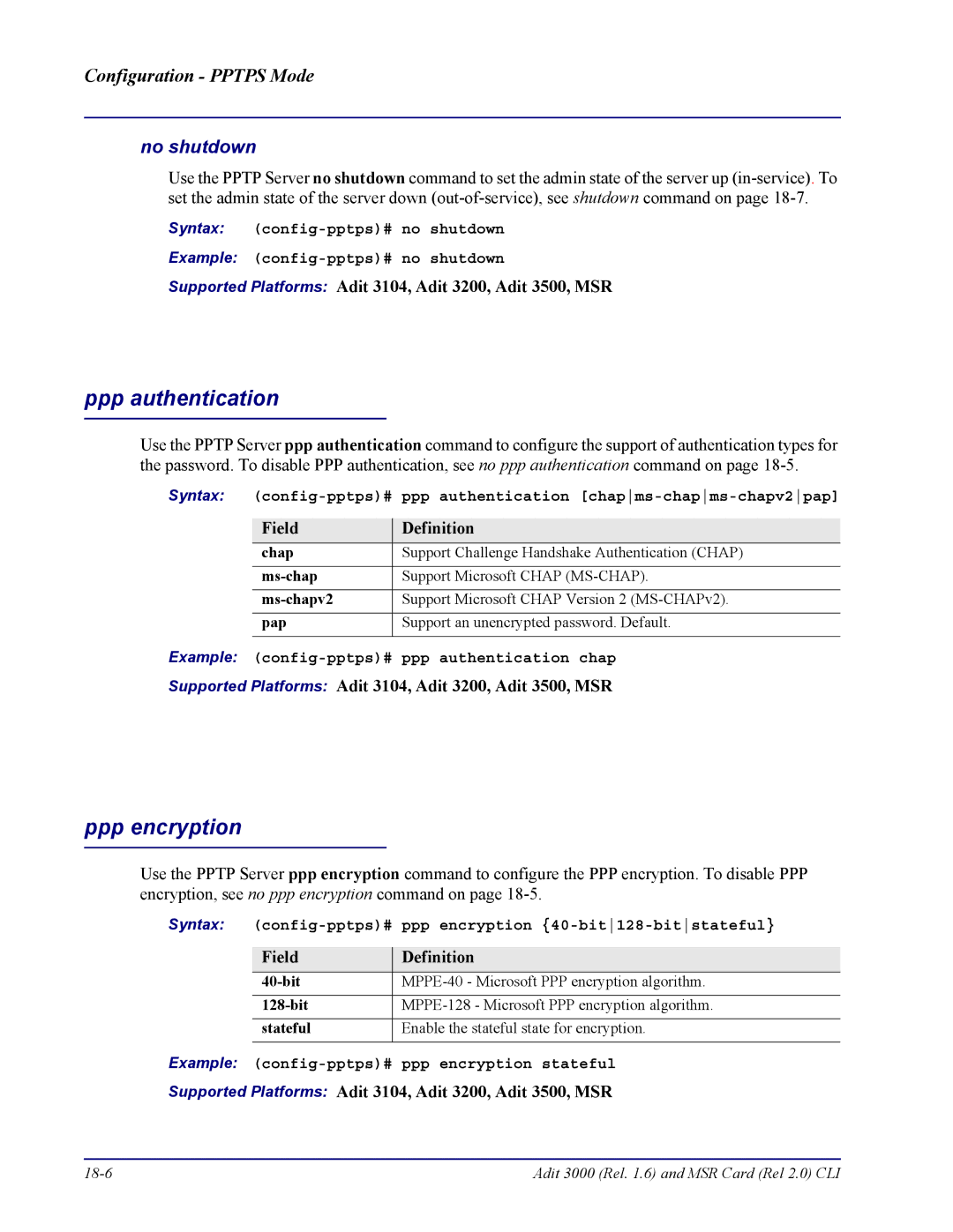 Carrier Access none manual Example config-pptps# ppp authentication chap, Example config-pptps# ppp encryption stateful 