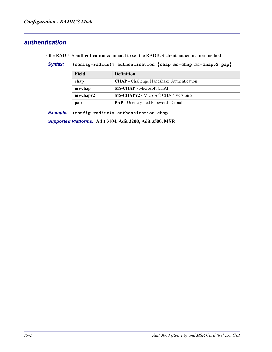 Carrier Access none manual Syntax config-radius# authentication chapms-chapms-chapv2pap 