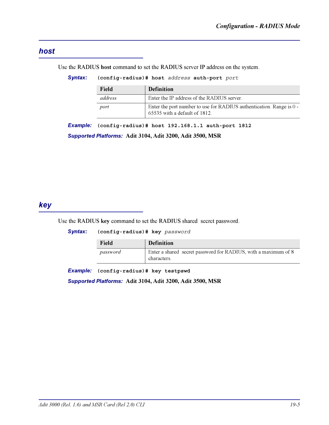 Carrier Access none manual Host, Syntax config-radius# host address auth-port port, Syntax config-radius# key password 