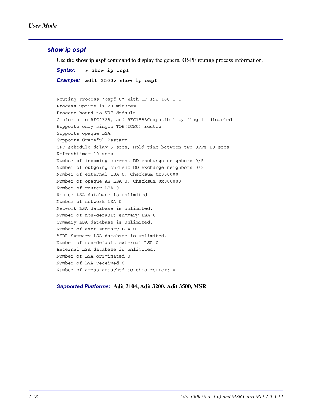 Carrier Access none manual Show ip ospf, Syntax show ip ospf Example adit 3500 show ip ospf 