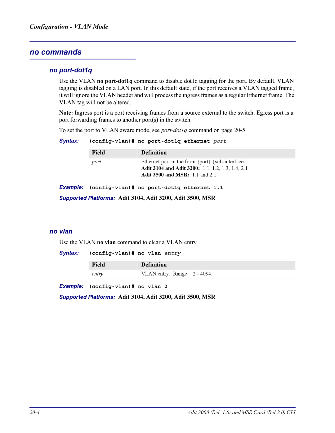 Carrier Access none No port-dot1q, Syntax config-vlan# no port-dot1q ethernet port, Syntax config-vlan# no vlan entry 