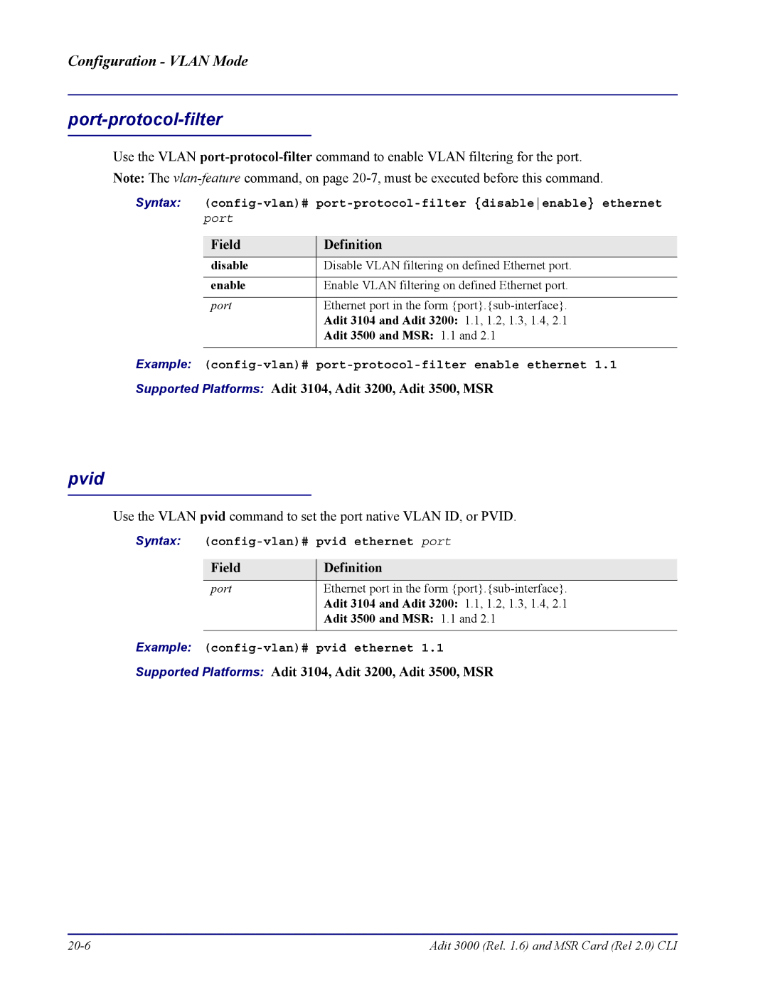 Carrier Access none manual Disable, Adit 3104 and Adit 3200 1.1, 1.2, 1.3, 1.4, Adit 3500 and MSR 1.1 