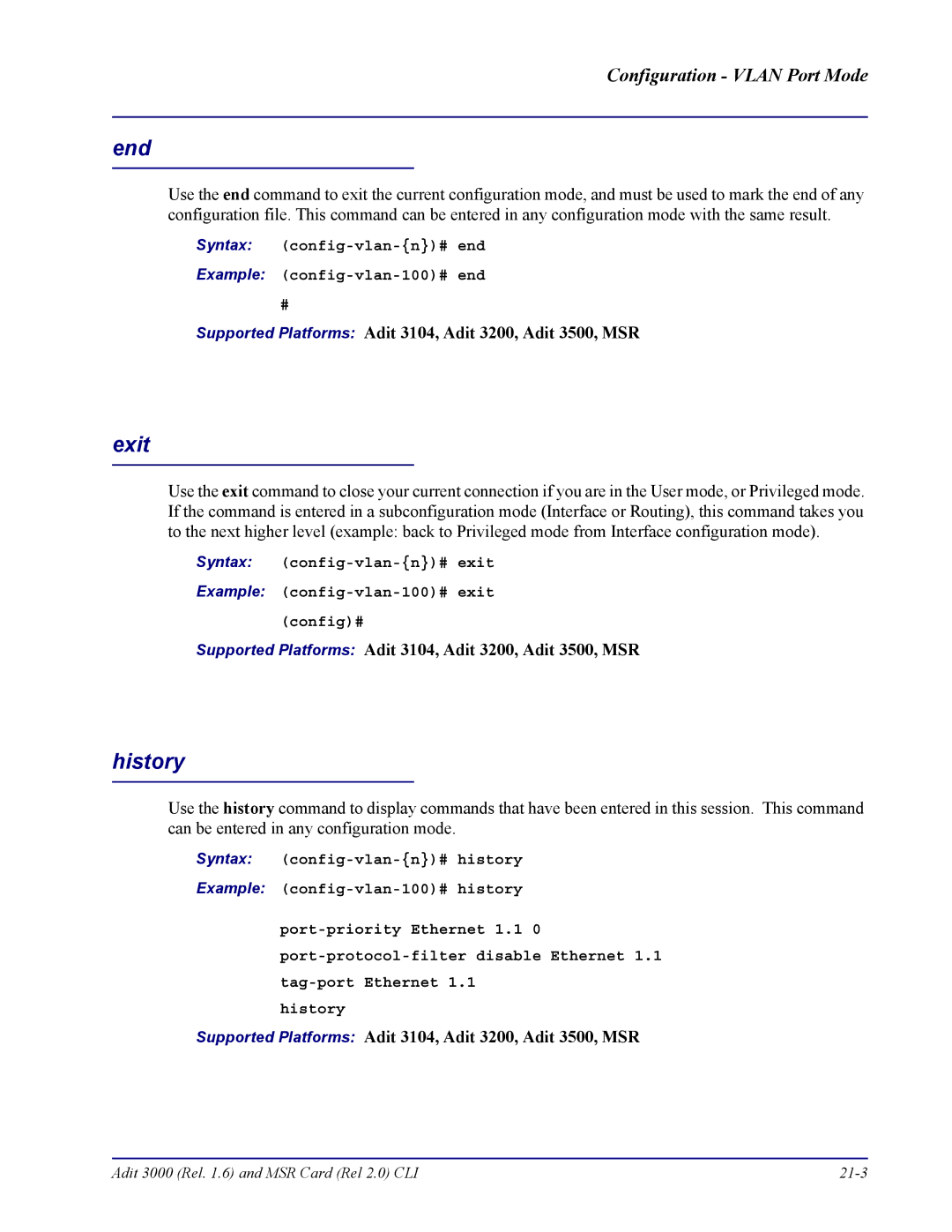 Carrier Access none manual End, Syntax config-vlan-n# end Example config-vlan-100# end 