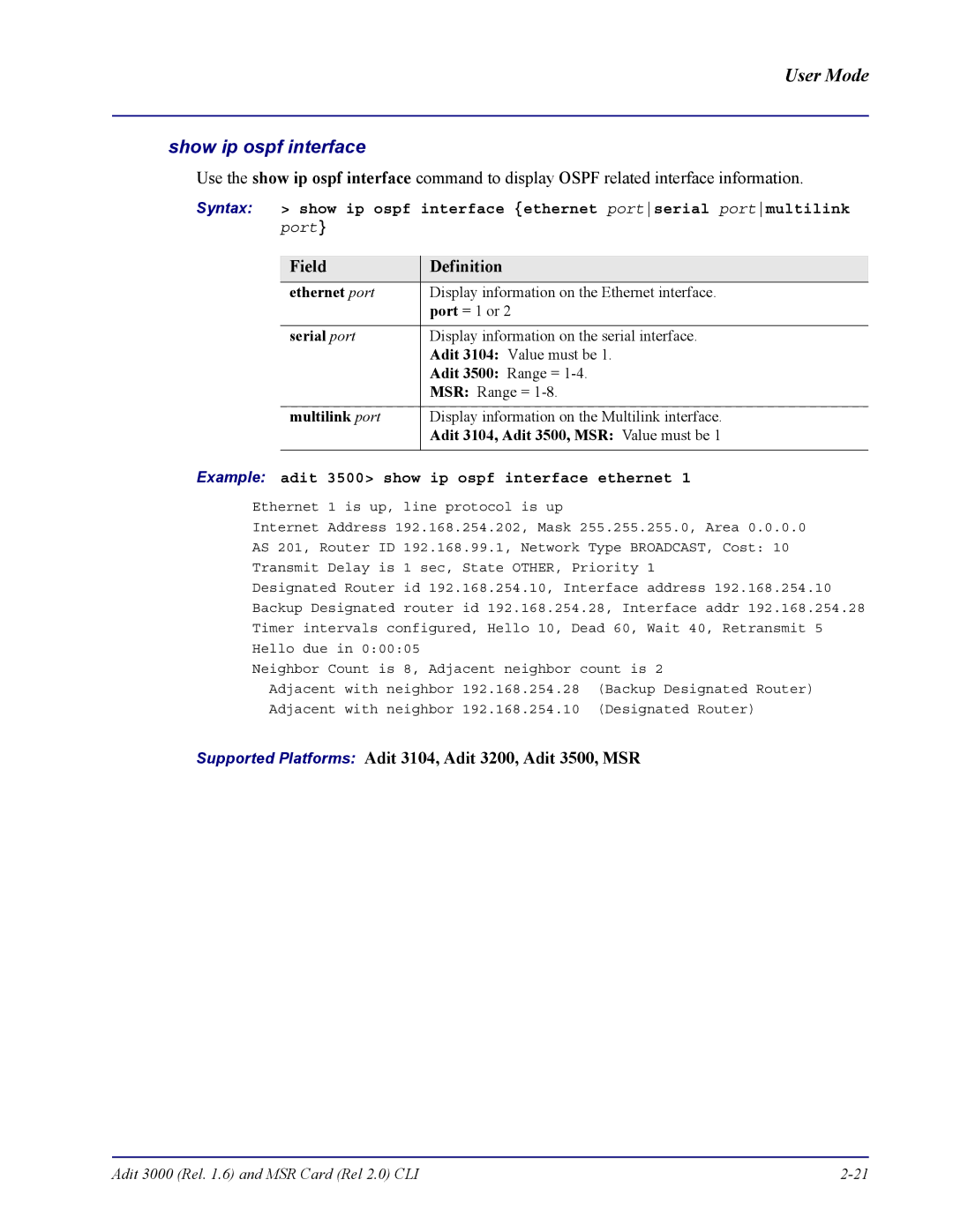 Carrier Access none manual Show ip ospf interface, Ethernet port, Serial port, Multilink port 