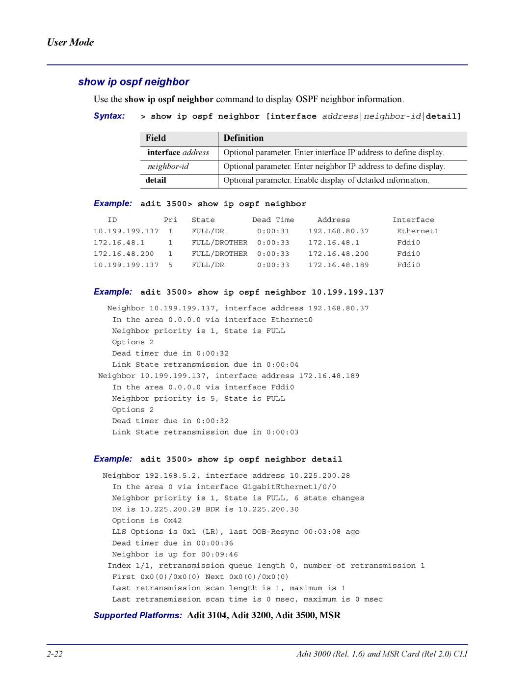 Carrier Access none manual Show ip ospf neighbor, Interface address, Detail, Example adit 3500 show Ip ospf neighbor 