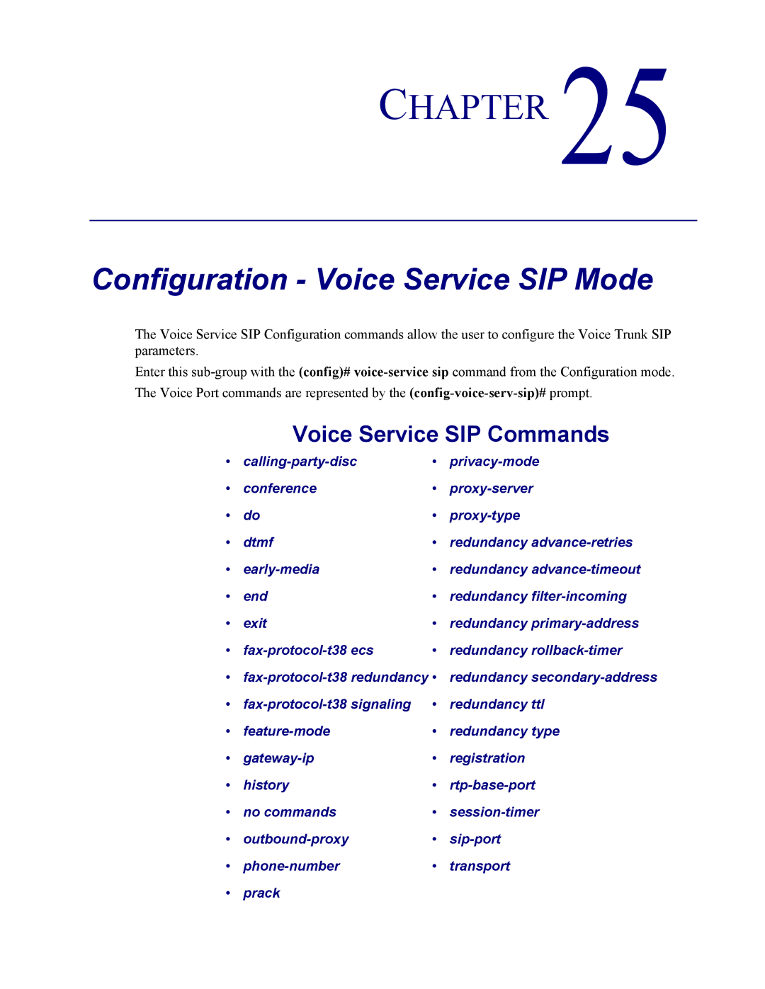 Carrier Access none manual Configuration Voice Service SIP Mode, Voice Service SIP Commands 