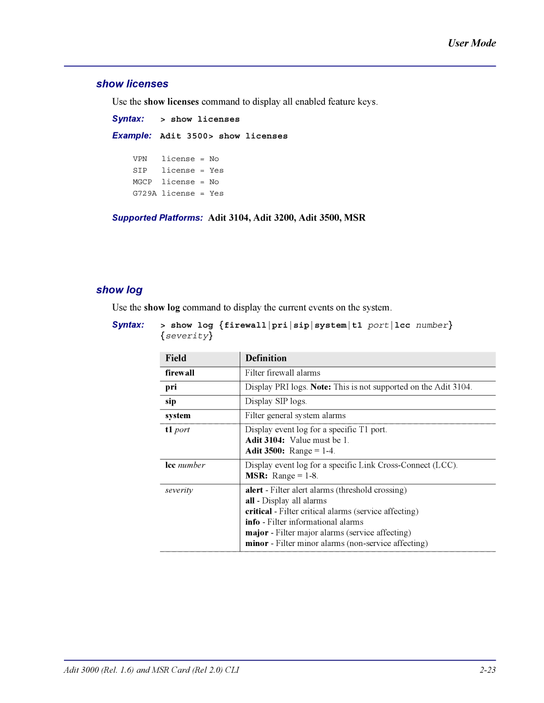 Carrier Access none manual Show licenses, Firewall, Pri, Sip, System 