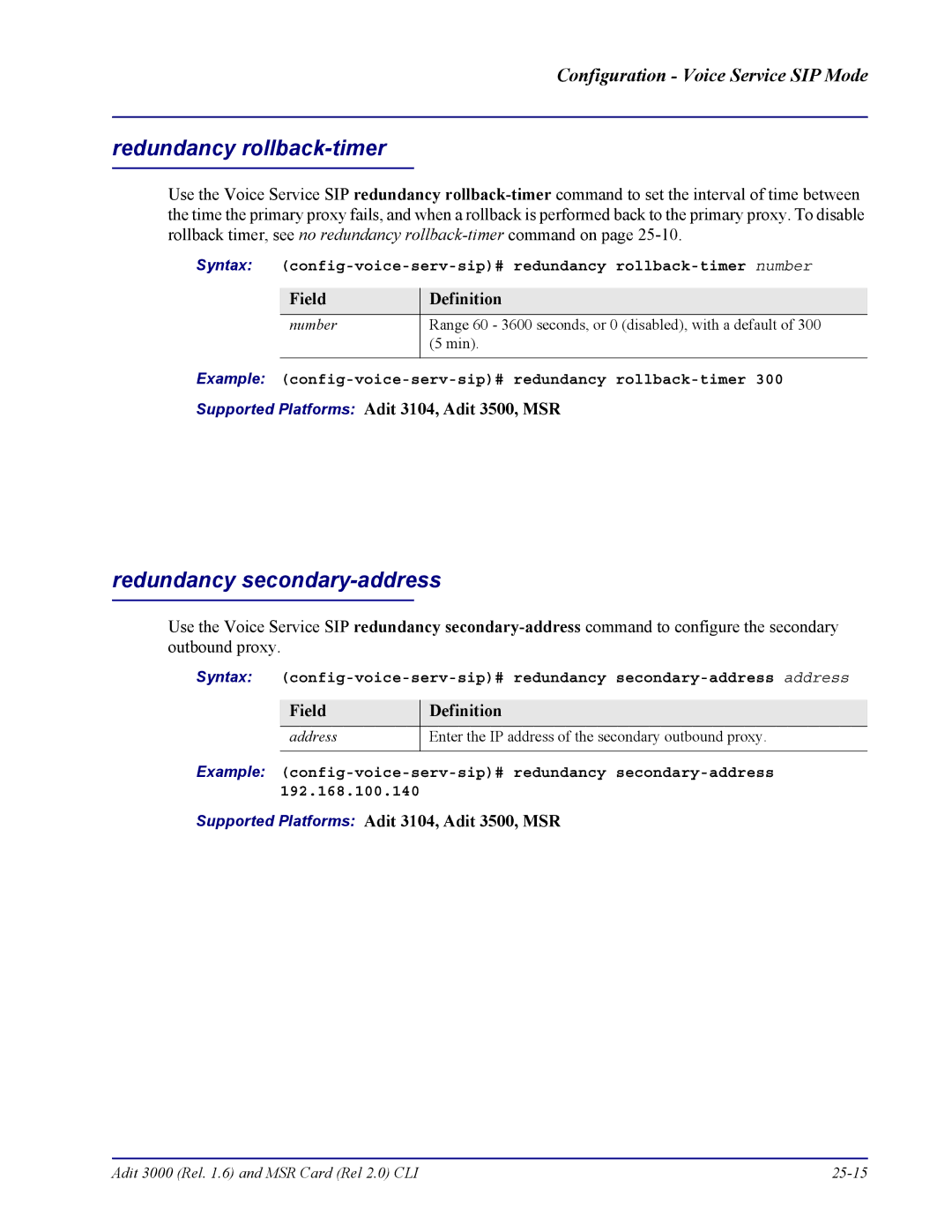 Carrier Access none manual Redundancy rollback-timer, Redundancy secondary-address 