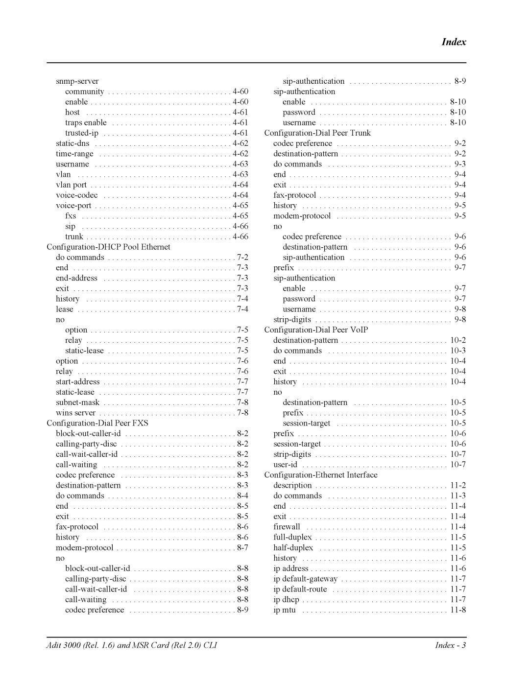 Carrier Access none manual Adit 3000 Rel .6 and MSR Card Rel 2.0 CLI Index 