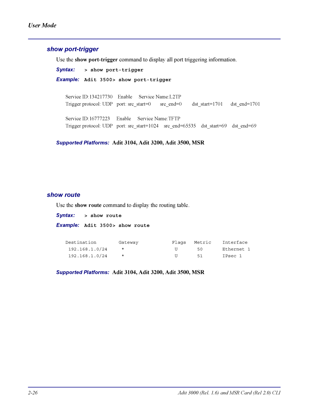 Carrier Access none manual Show port-trigger, Show route, Syntax show route Example Adit 3500 show route 