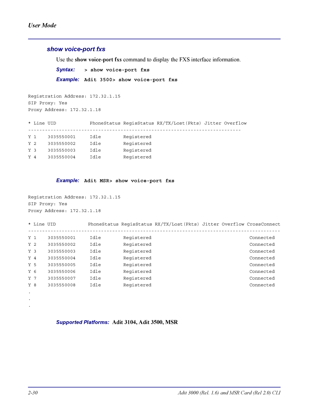 Carrier Access none manual Show voice-port fxs, Syntax show voice-port fxs, Example Adit 3500 show voice-port fxs 