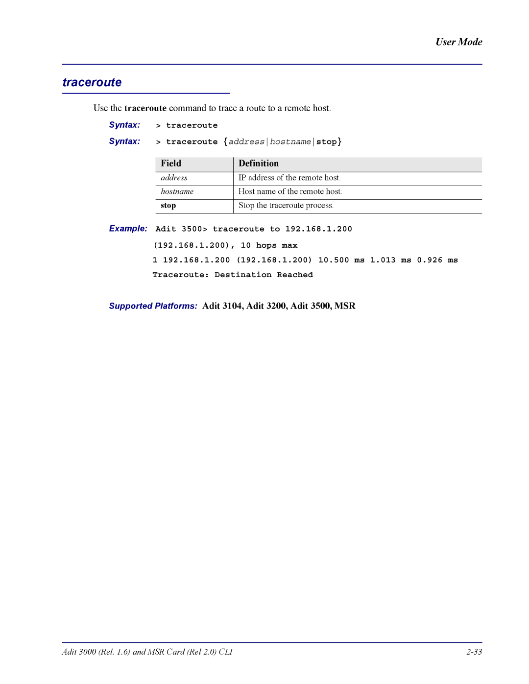 Carrier Access none manual Traceroute, Syntax traceroute Syntax traceroute addresshostnamestop 