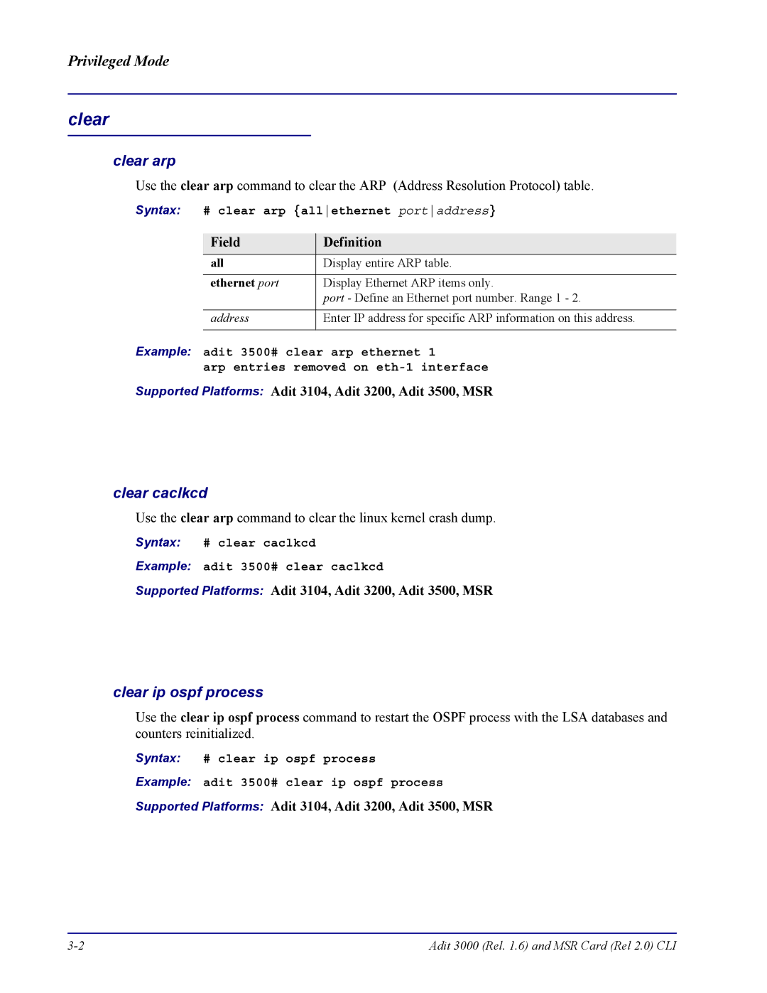 Carrier Access none manual Clear arp, Clear caclkcd, Clear ip ospf process, All 