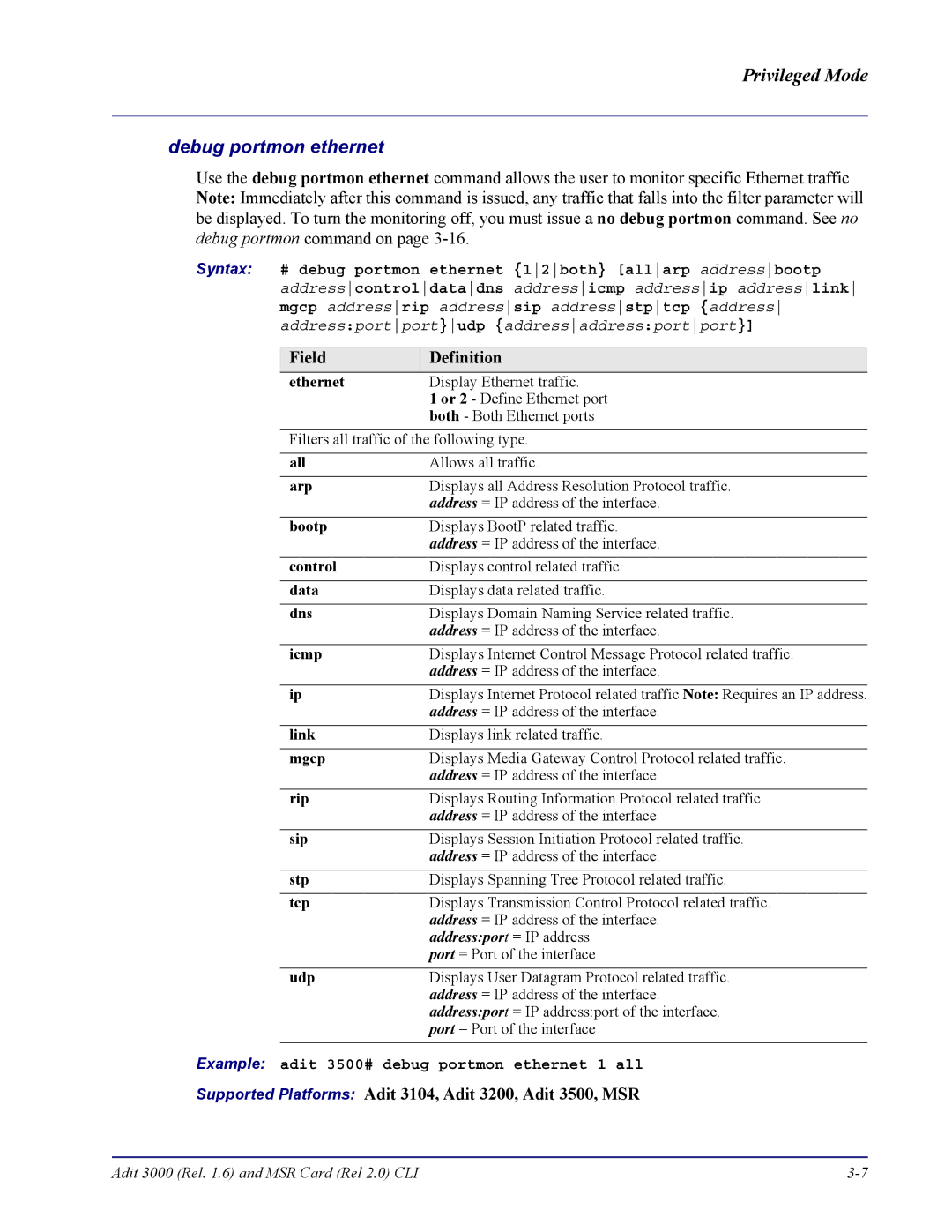 Carrier Access none manual Debug portmon ethernet, Ethernet, Example adit 3500# debug portmon ethernet 1 all 