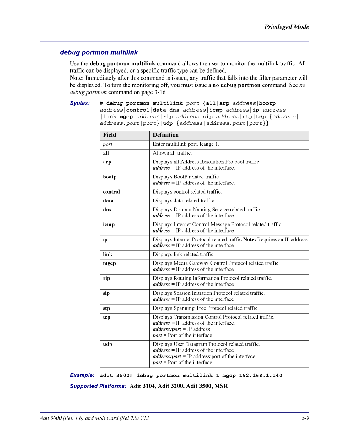 Carrier Access none manual Debug portmon multilink 