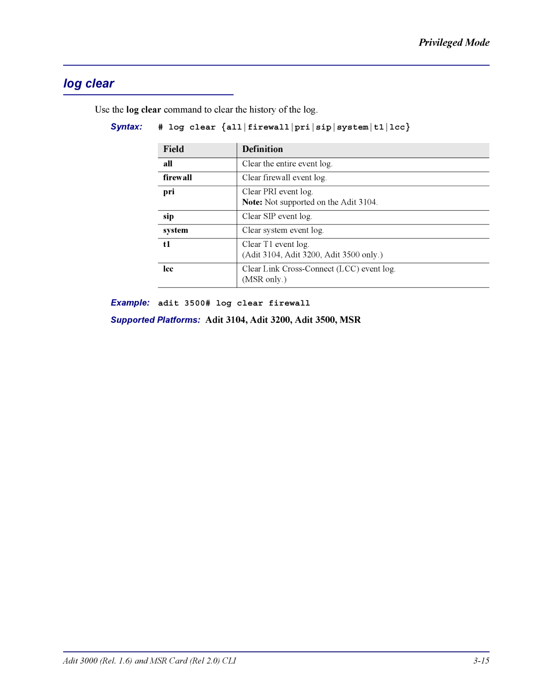 Carrier Access none Log clear, Syntax # log clear allfirewallprisipsystemt1lcc, Lcc, Example adit 3500# log clear firewall 