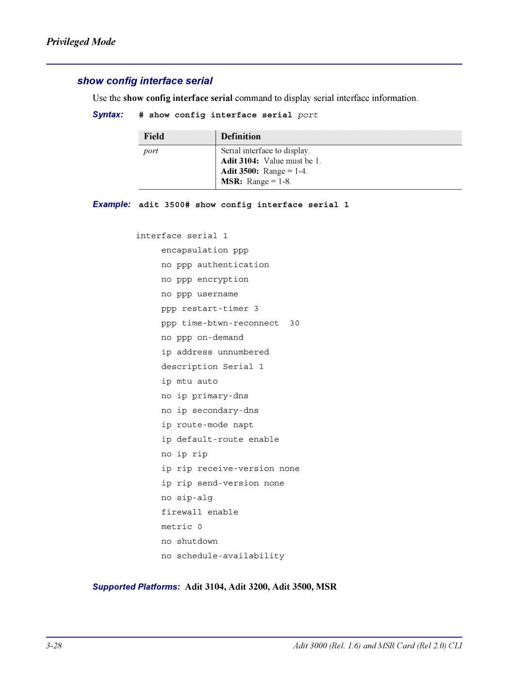 Carrier Access none manual Syntax # show config interface serial port, Example adit 3500# show config interface serial 