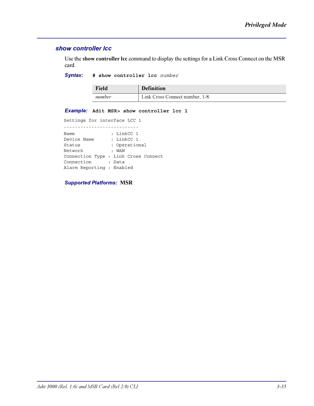 Carrier Access none manual Show controller lcc, Syntax # show controller lcc number 