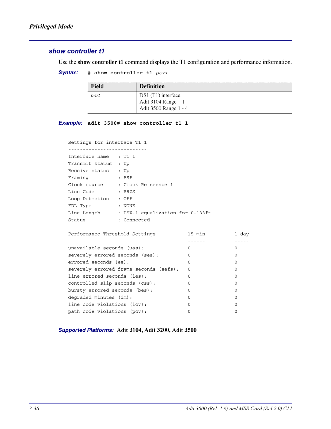 Carrier Access none manual Syntax # show controller t1 port, Example adit 3500# show controller t1 