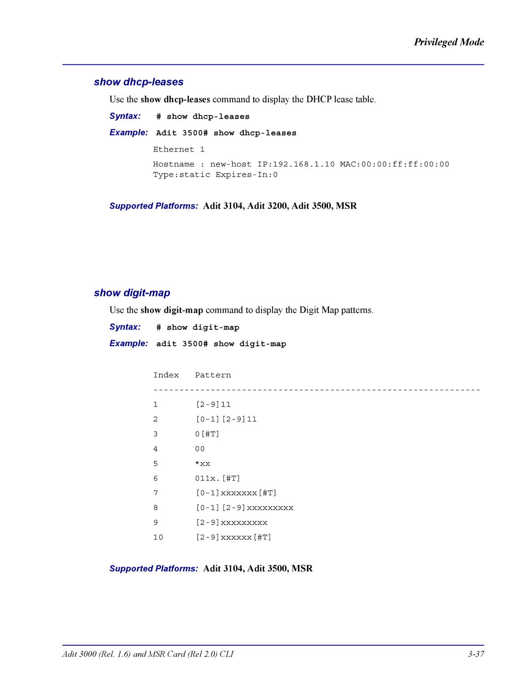 Carrier Access none manual Show dhcp-leases, Syntax # show digit-map Example adit 3500# show digit-map 