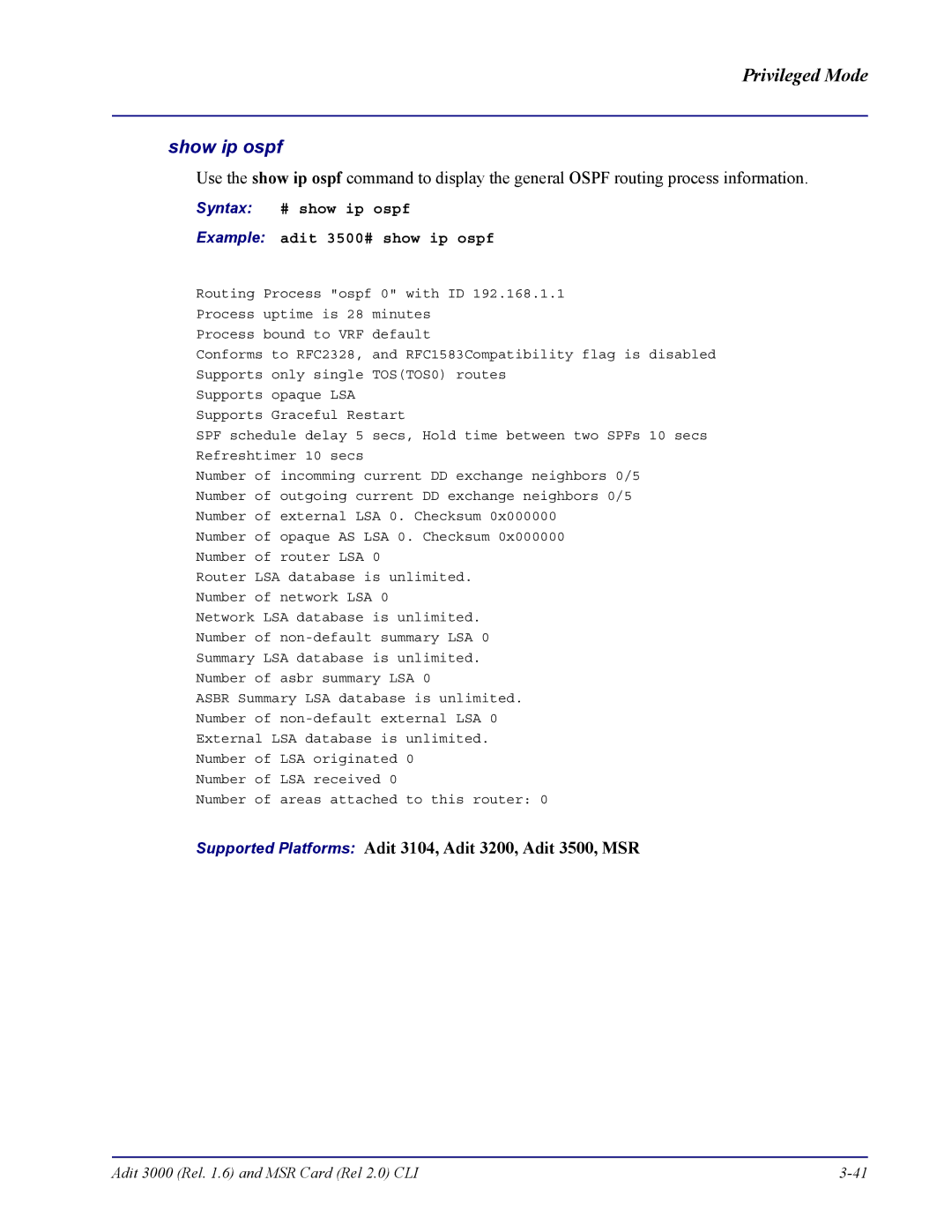 Carrier Access none manual Show ip ospf, Syntax # show ip ospf Example adit 3500# show ip ospf 