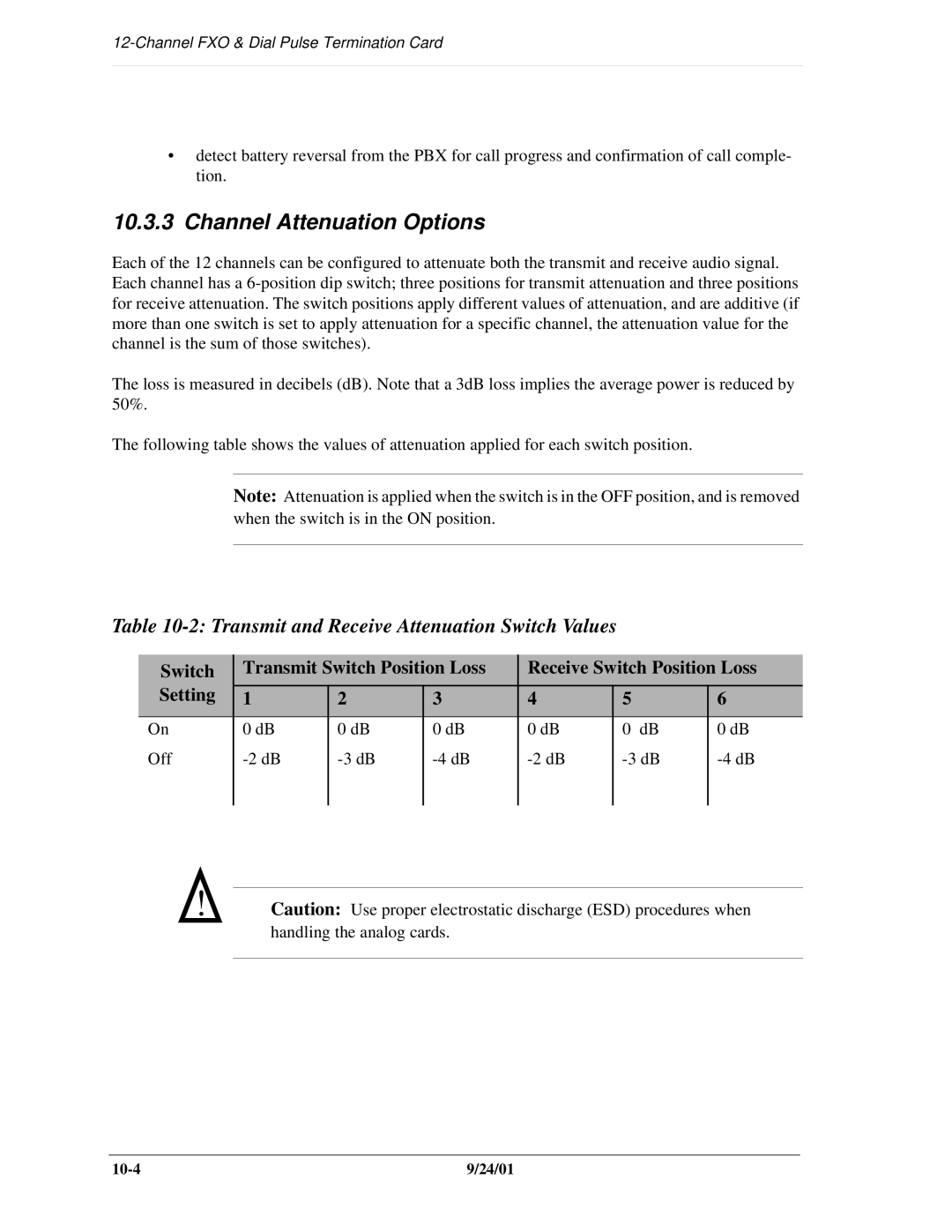 Carrier Access SNMP manual Channel Attenuation Options, Transmit and Receive Attenuation Switch Values 