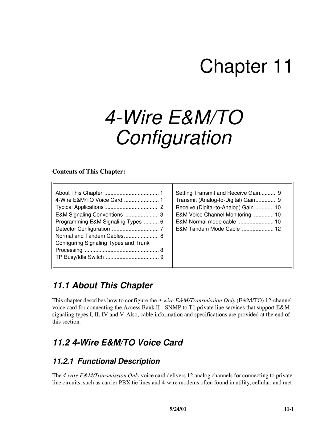 Carrier Access SNMP manual 11.2 4-Wire E&M/TO Voice Card, Functional Description 