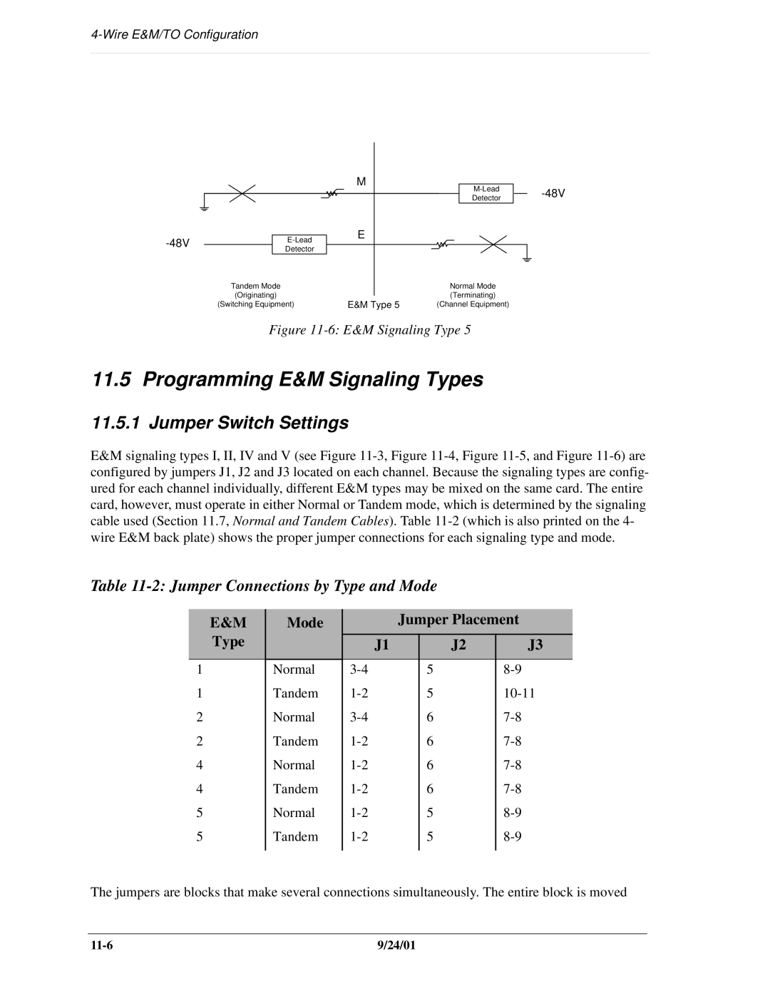 Carrier Access SNMP manual Programming E&M Signaling Types, Jumper Switch Settings, Jumper Connections by Type and Mode 