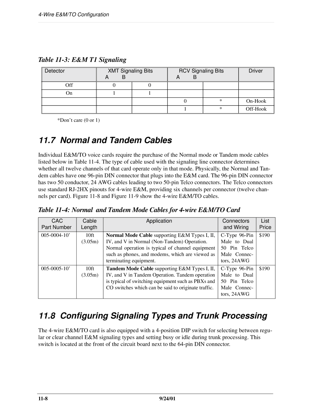 Carrier Access SNMP manual Normal and Tandem Cables, Configuring Signaling Types and Trunk Processing, E&M T1 Signaling 