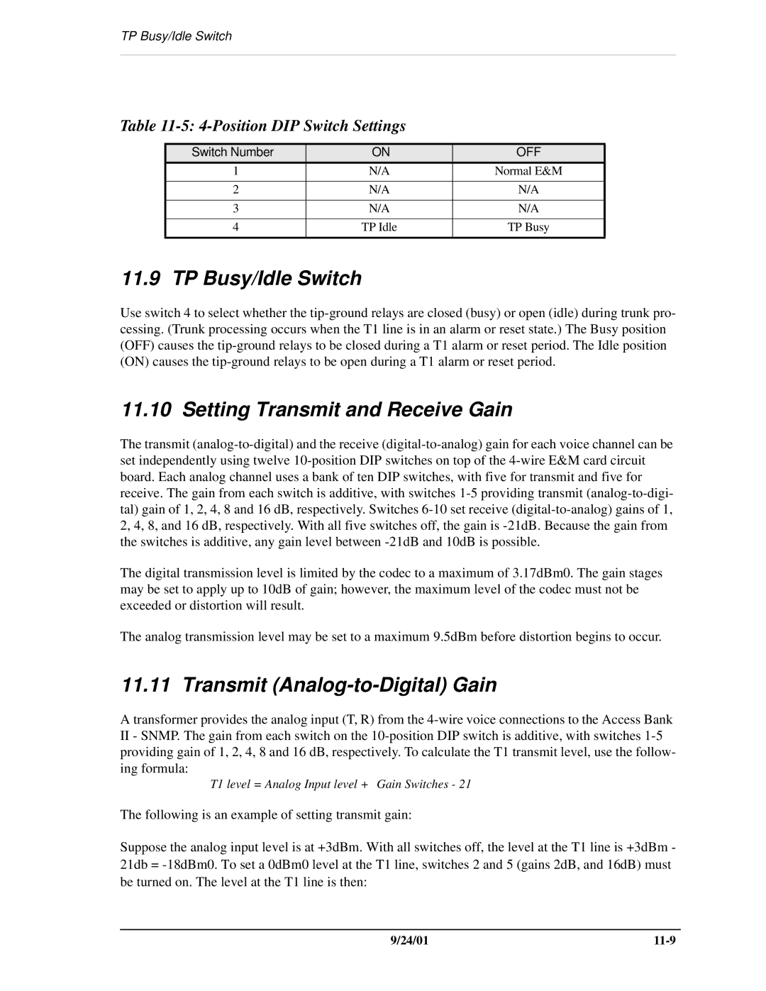 Carrier Access SNMP manual TP Busy/Idle Switch, Setting Transmit and Receive Gain, Transmit Analog-to-Digital Gain 