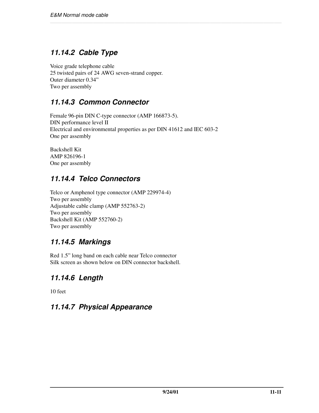 Carrier Access SNMP manual Cable Type, Common Connector, Telco Connectors, Markings, Length, Physical Appearance 