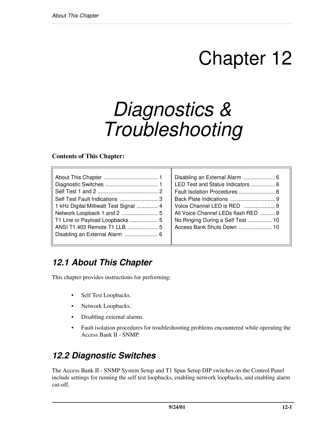 Carrier Access SNMP manual Diagnostics Troubleshooting, Diagnostic Switches 