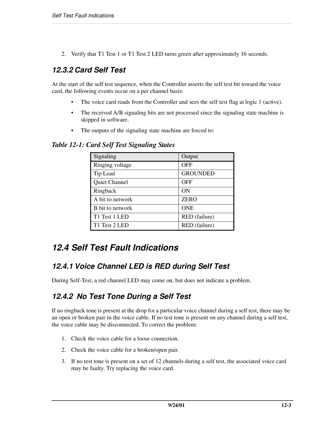 Carrier Access SNMP manual Self Test Fault Indications, Card Self Test, Voice Channel LED is RED during Self Test 