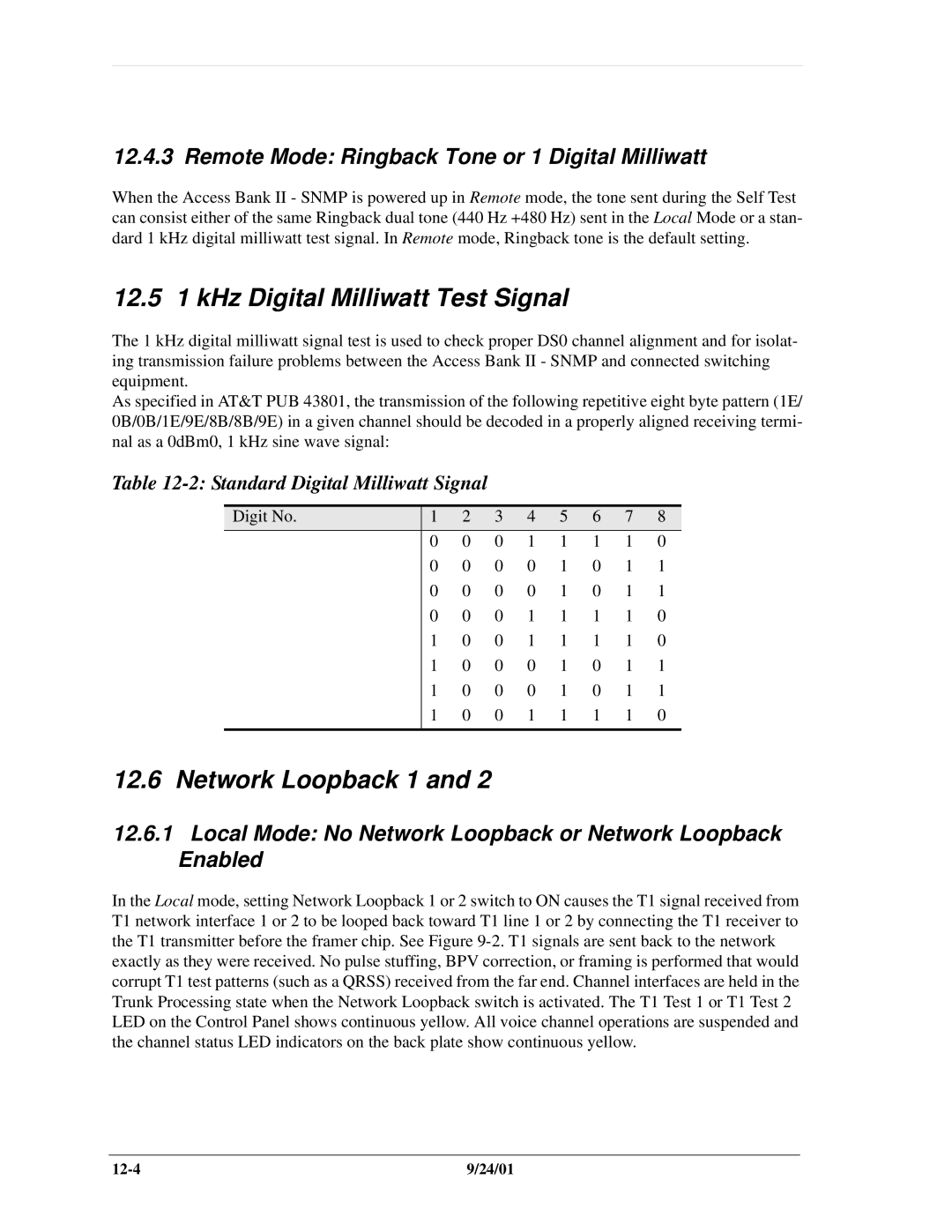 Carrier Access SNMP manual 12.5 1 kHz Digital Milliwatt Test Signal, Network Loopback 1, Standard Digital Milliwatt Signal 