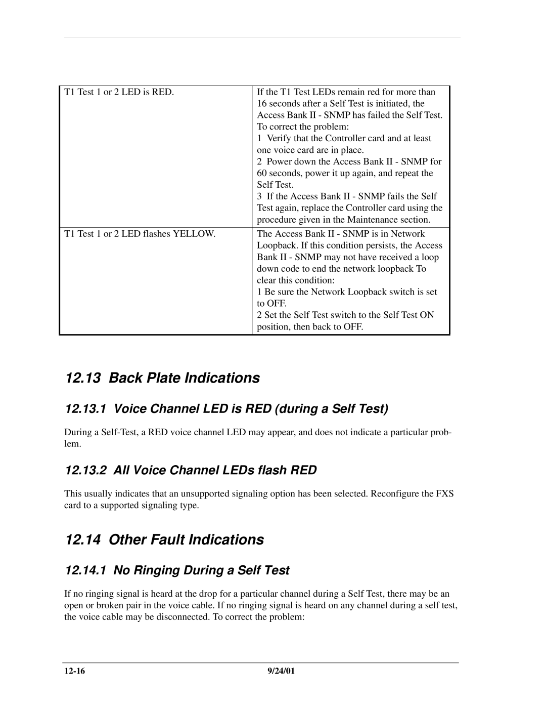 Carrier Access SNMP manual Back Plate Indications, Other Fault Indications, Voice Channel LED is RED during a Self Test 