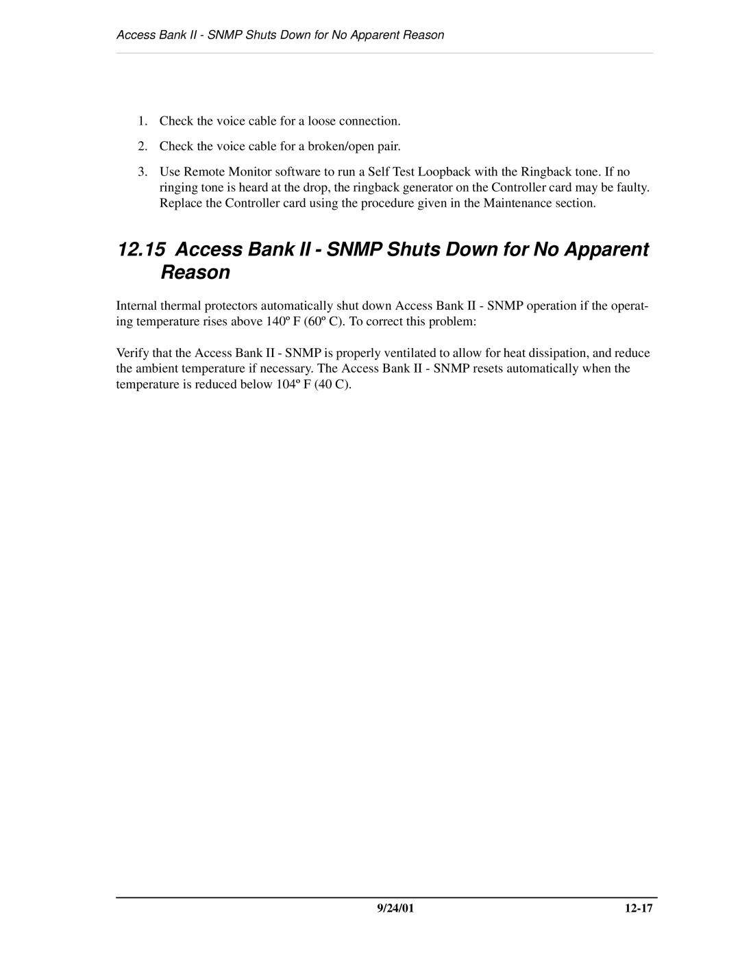 Carrier Access SNMP manual Access Bank II Snmp Shuts Down for No Apparent Reason 