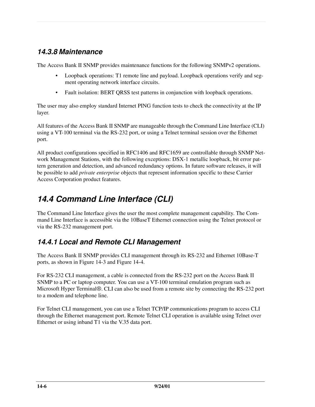 Carrier Access SNMP manual Command Line Interface CLI, Maintenance, Local and Remote CLI Management 