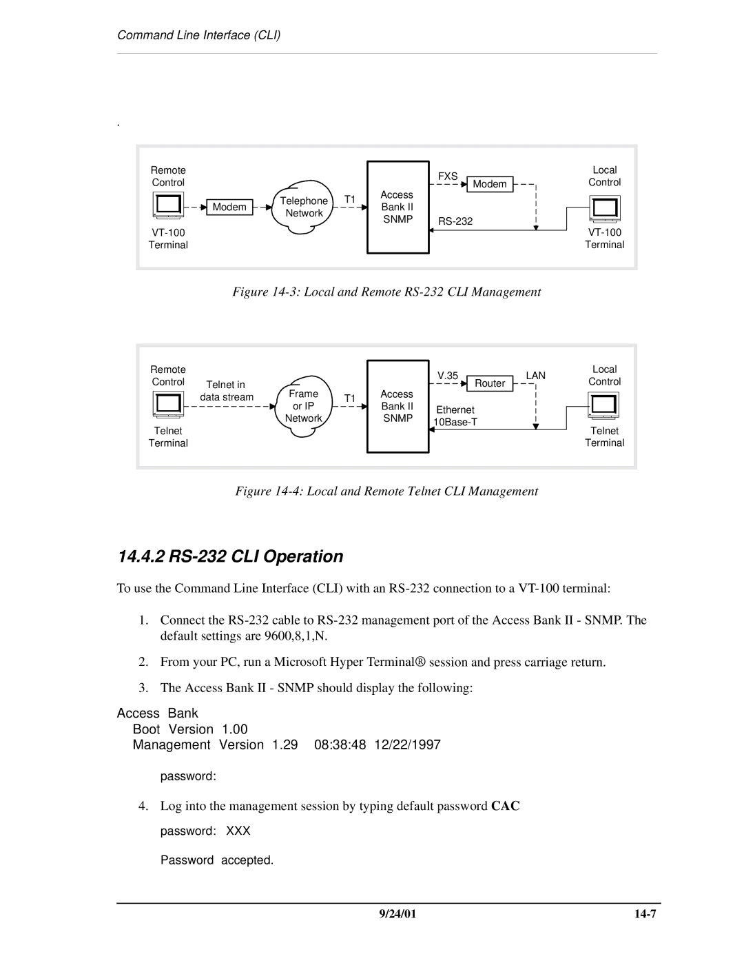 Carrier Access SNMP manual 14.4.2 RS-232 CLI Operation, Command Line Interface CLI 