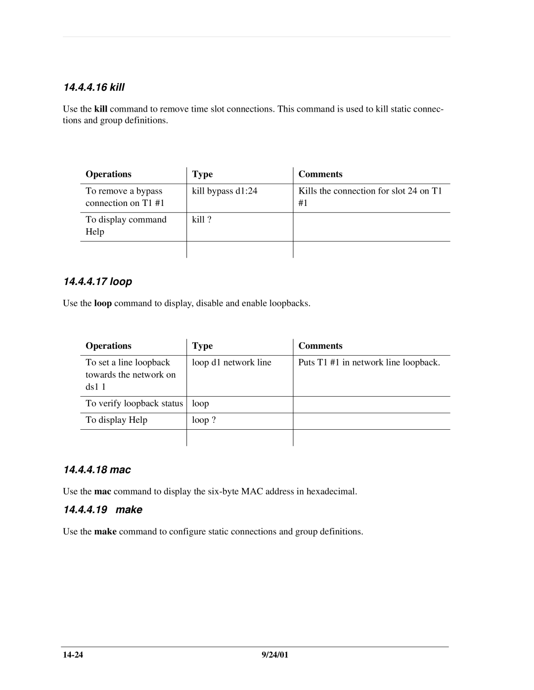 Carrier Access SNMP manual Kill, Loop, 14.4.4.18 mac, Make 