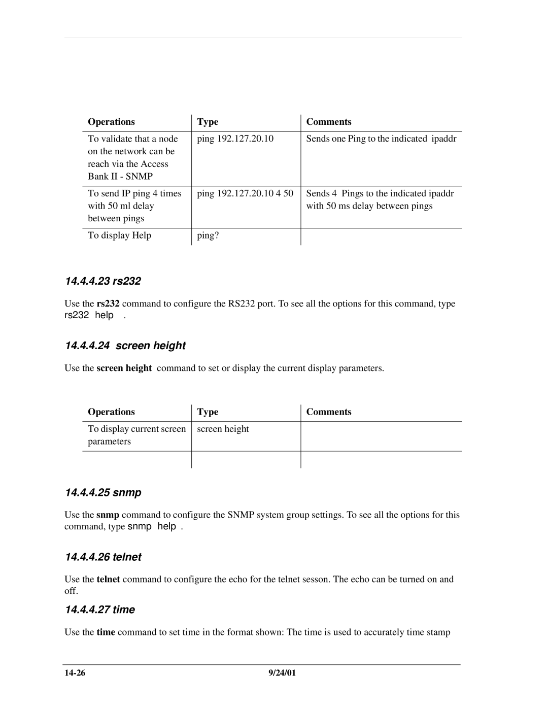 Carrier Access SNMP manual 14.4.4.23 rs232, Screen height, Snmp, Telnet, Time 