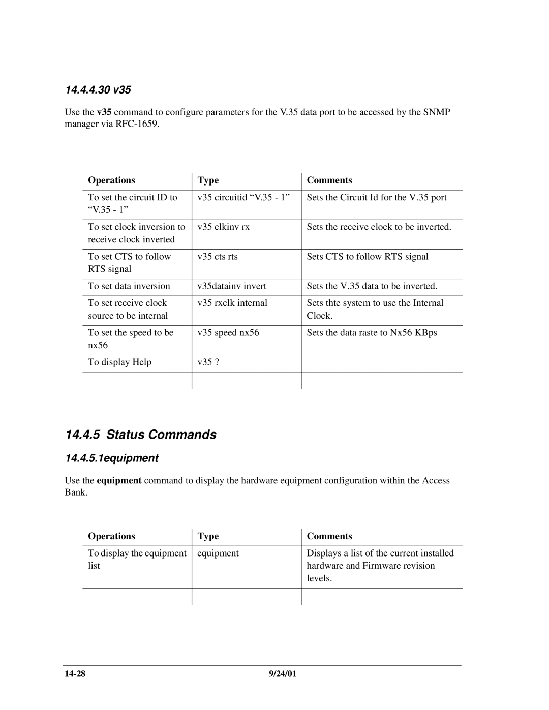 Carrier Access SNMP manual Status Commands, 14.4.4.30, 14.4.5.1equipment 