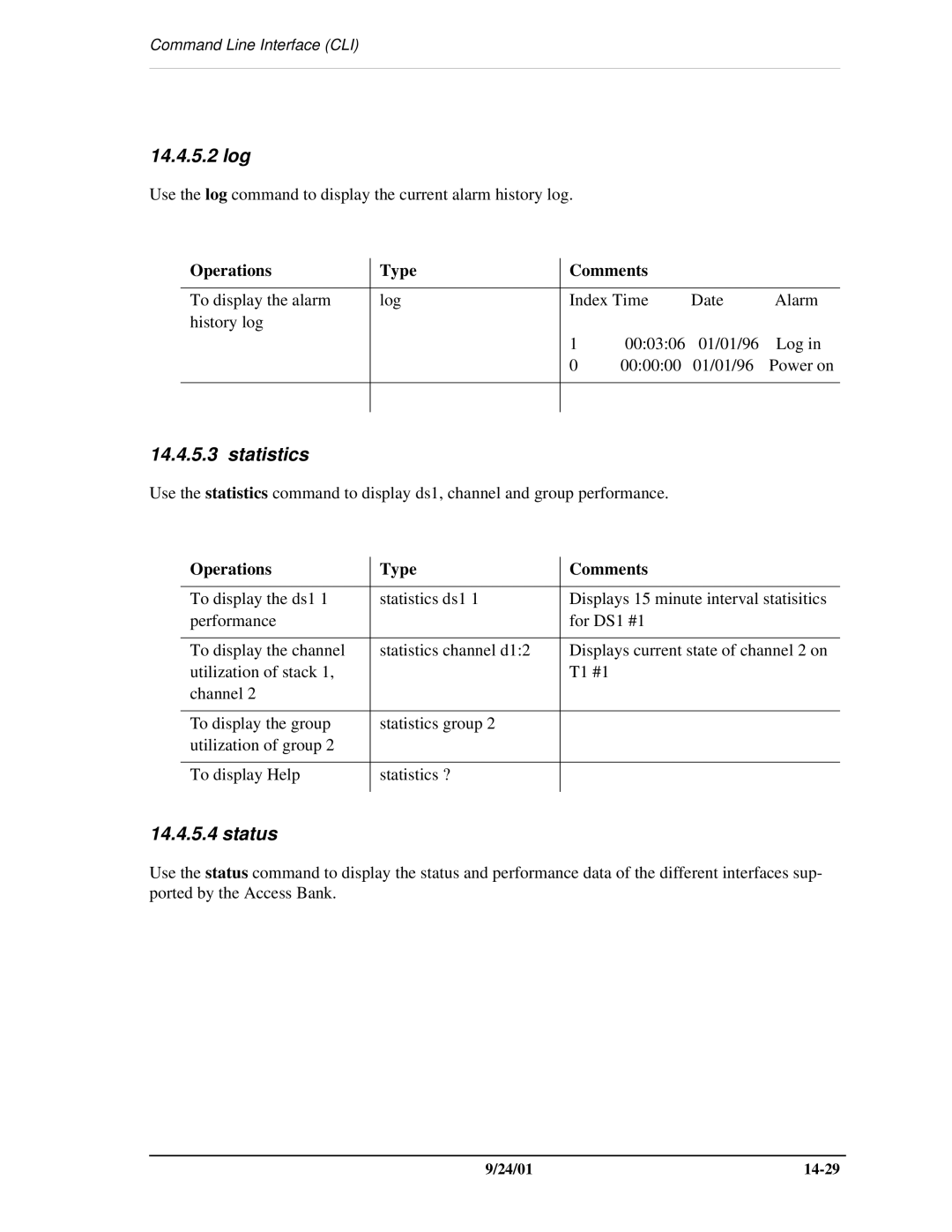 Carrier Access SNMP manual 14.4.5.2 log, Statistics, Status 