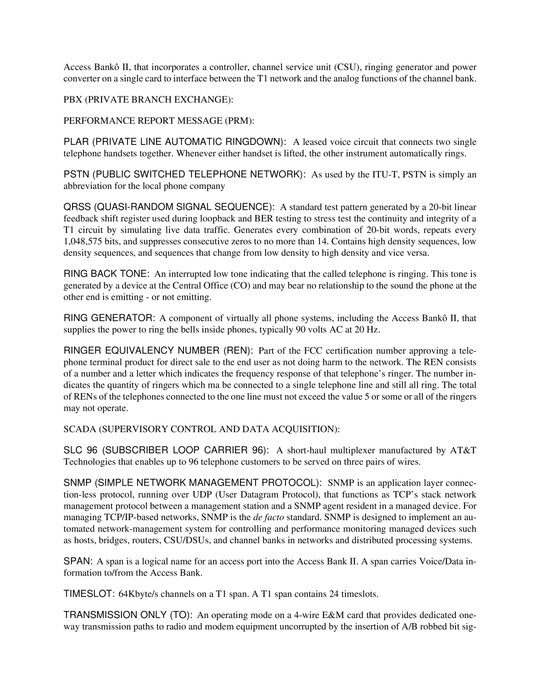 Carrier Access SNMP manual PBX Private Branch Exchange Performance Report Message PRM 